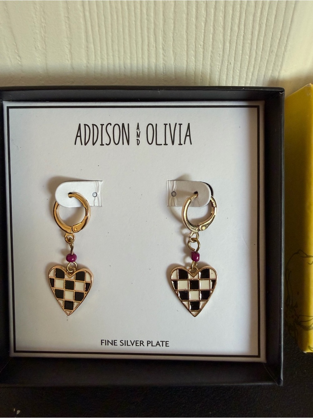 Addison and Olivia Gold-tone Black & White Check Heart Drop Huggies hoopEarrings
